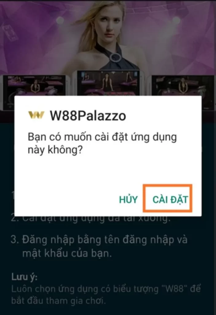 cài đặt app W88