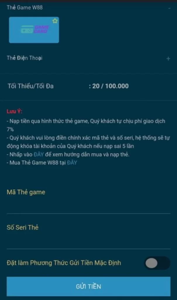 Nạp tiền thẻ game W88