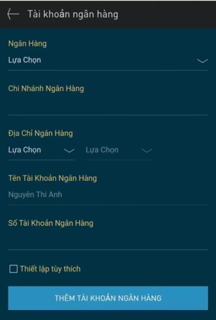 thêm tài khoản ngân hàng W88