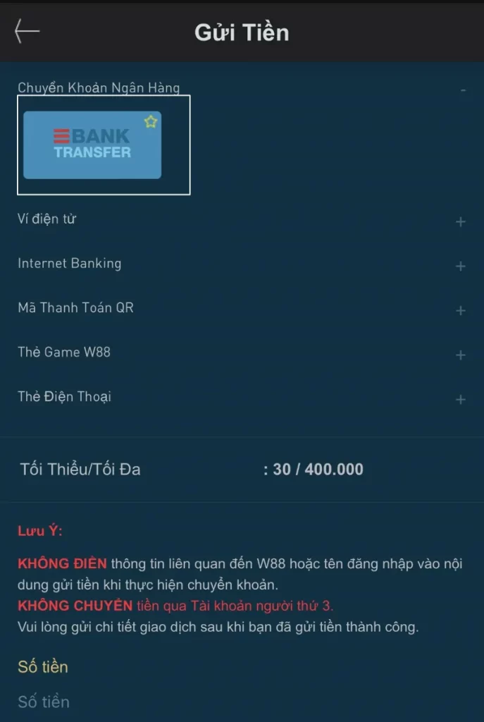 Chuyển khoản qua ngân hàng W88