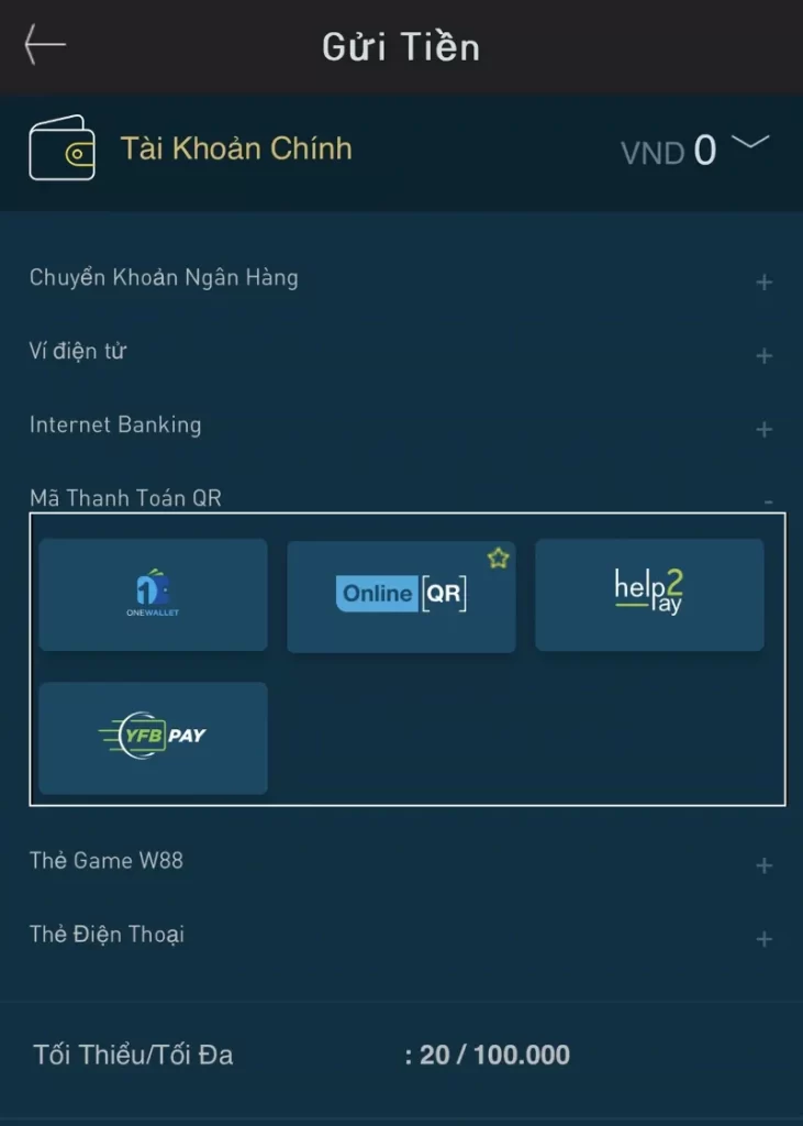 mã thanh toán QR W88
