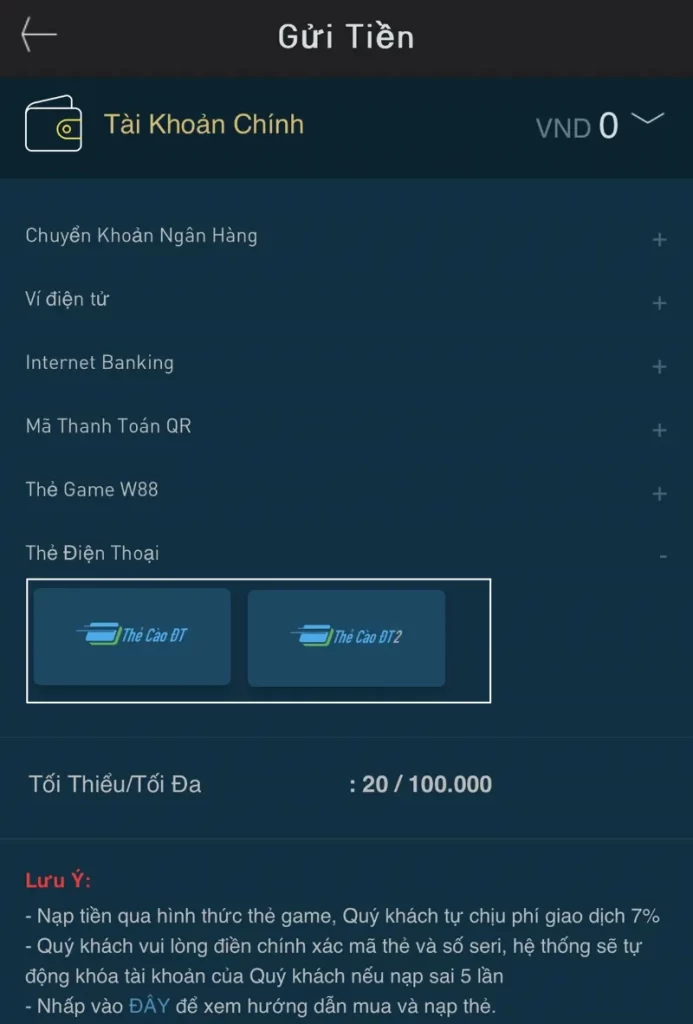 nạp tiền thẻ điện thoại W88