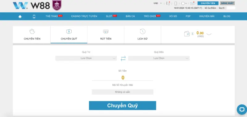 Tiến hành chuyển quỹ W88